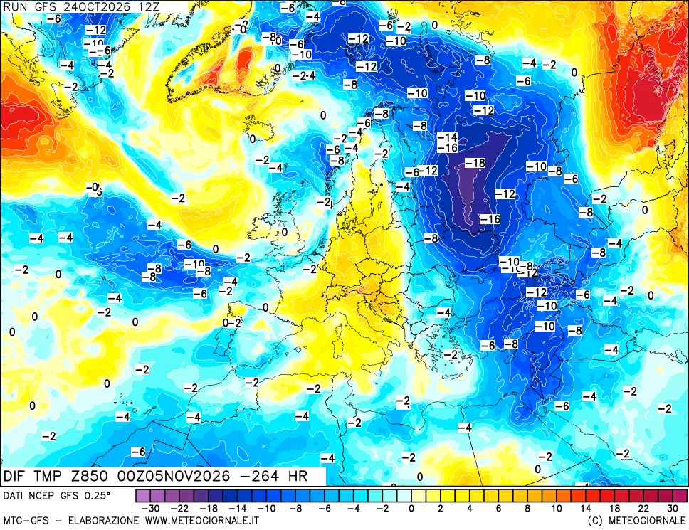 mappa Dif. Temp a 850 hPa Valid - Init