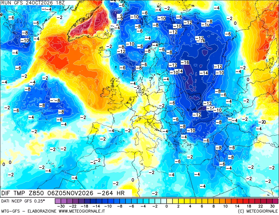 mappa Dif. Temp a 850 hPa Valid - Init