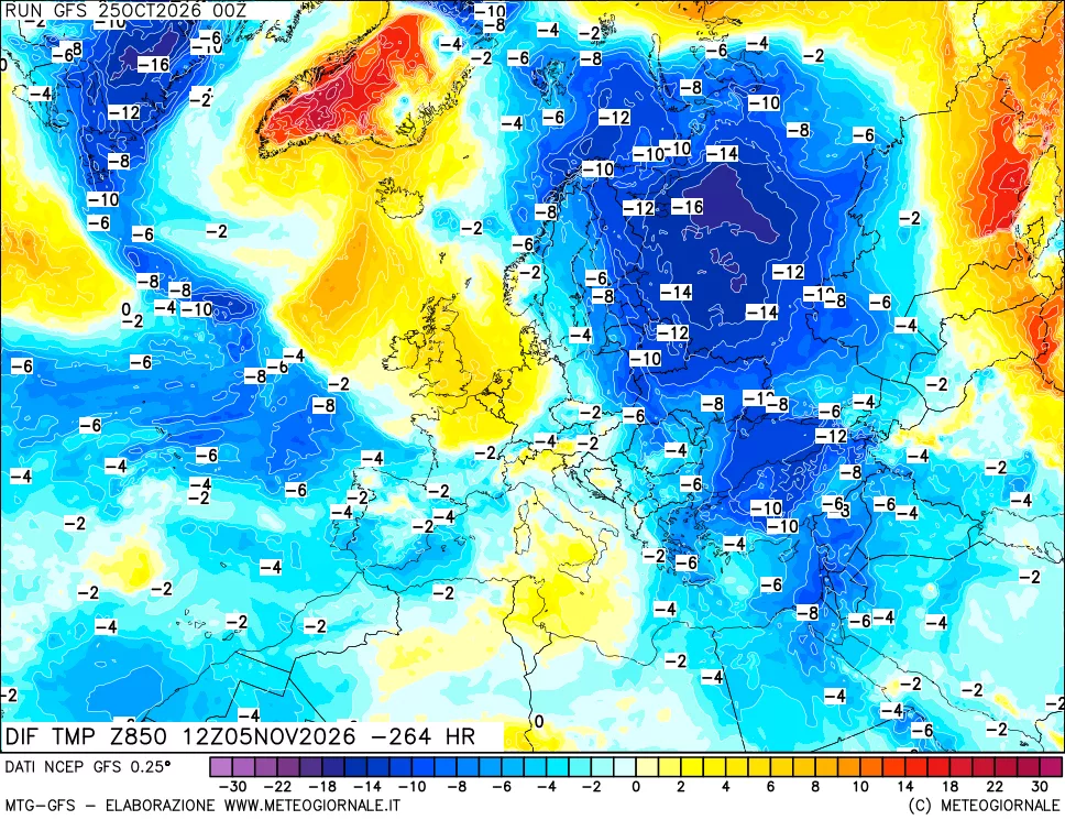 mappa Dif. Temp a 850 hPa Valid - Init