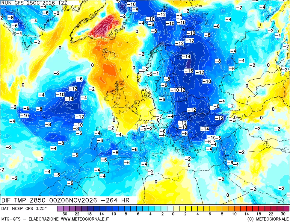 mappa Dif. Temp a 850 hPa Valid - Init