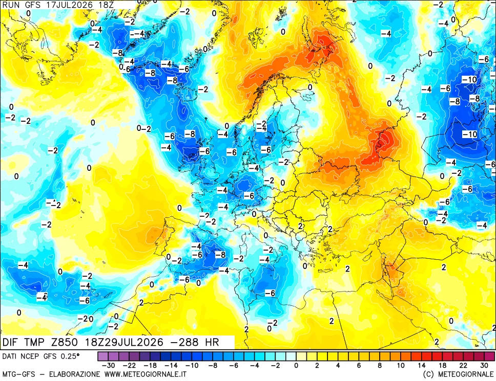 mappa Dif. Temp a 850 hPa Valid - Init