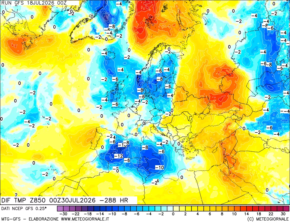 mappa Dif. Temp a 850 hPa Valid - Init