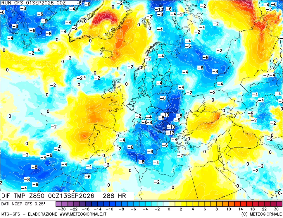 mappa Dif. Temp a 850 hPa Valid - Init