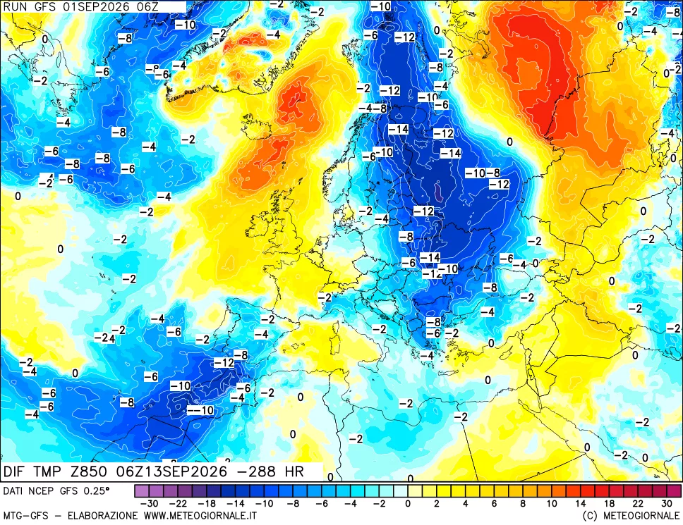 mappa Dif. Temp a 850 hPa Valid - Init