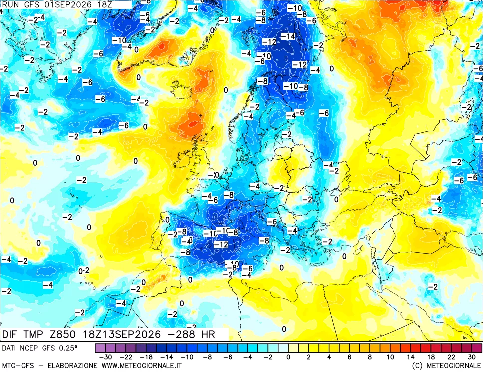 mappa Dif. Temp a 850 hPa Valid - Init