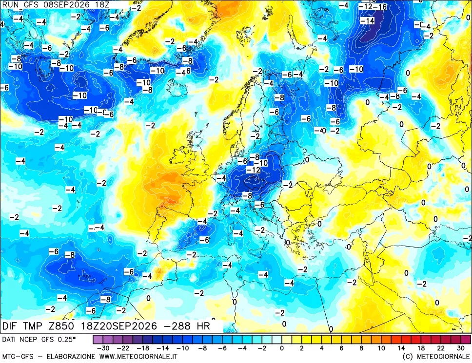 mappa Dif. Temp a 850 hPa Valid - Init