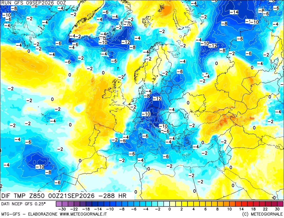 mappa Dif. Temp a 850 hPa Valid - Init