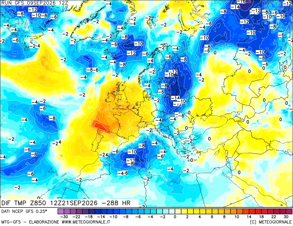 mappa Dif. Temp a 850 hPa Valid - Init