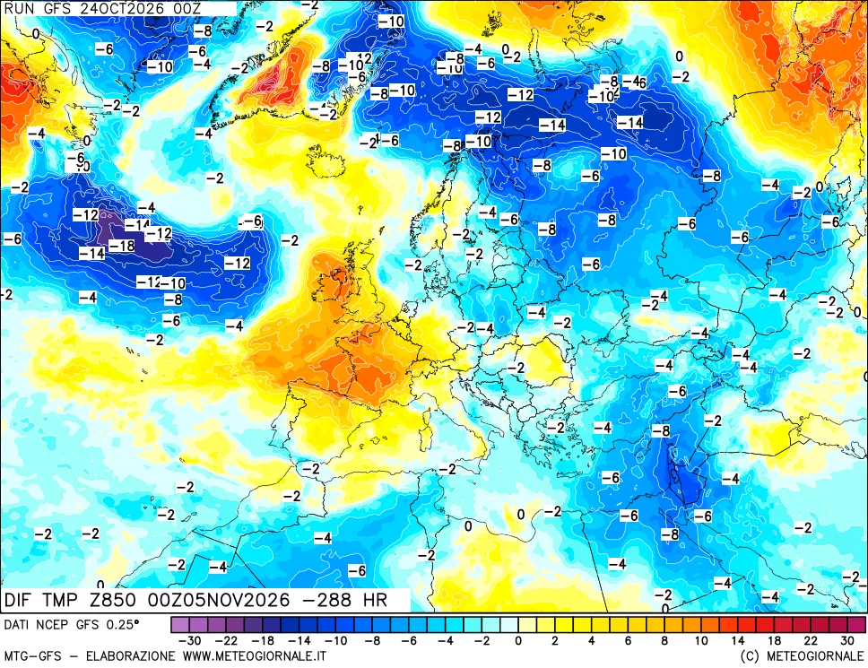 mappa Dif. Temp a 850 hPa Valid - Init