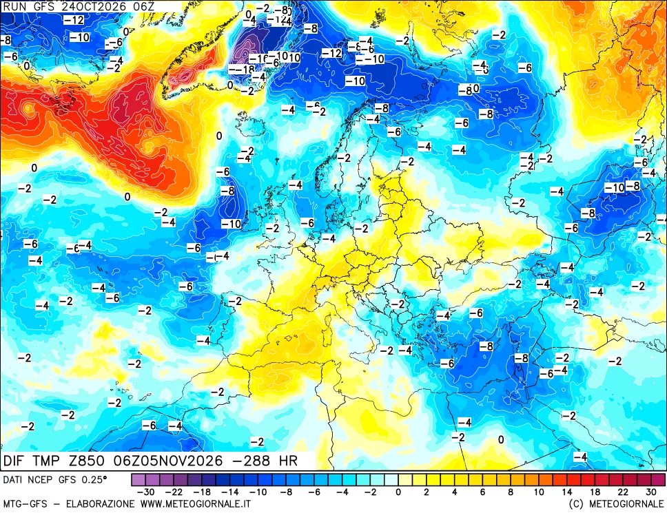 mappa Dif. Temp a 850 hPa Valid - Init
