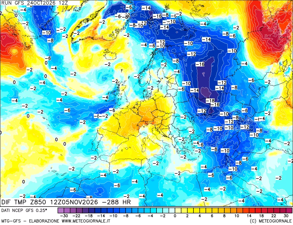 mappa Dif. Temp a 850 hPa Valid - Init