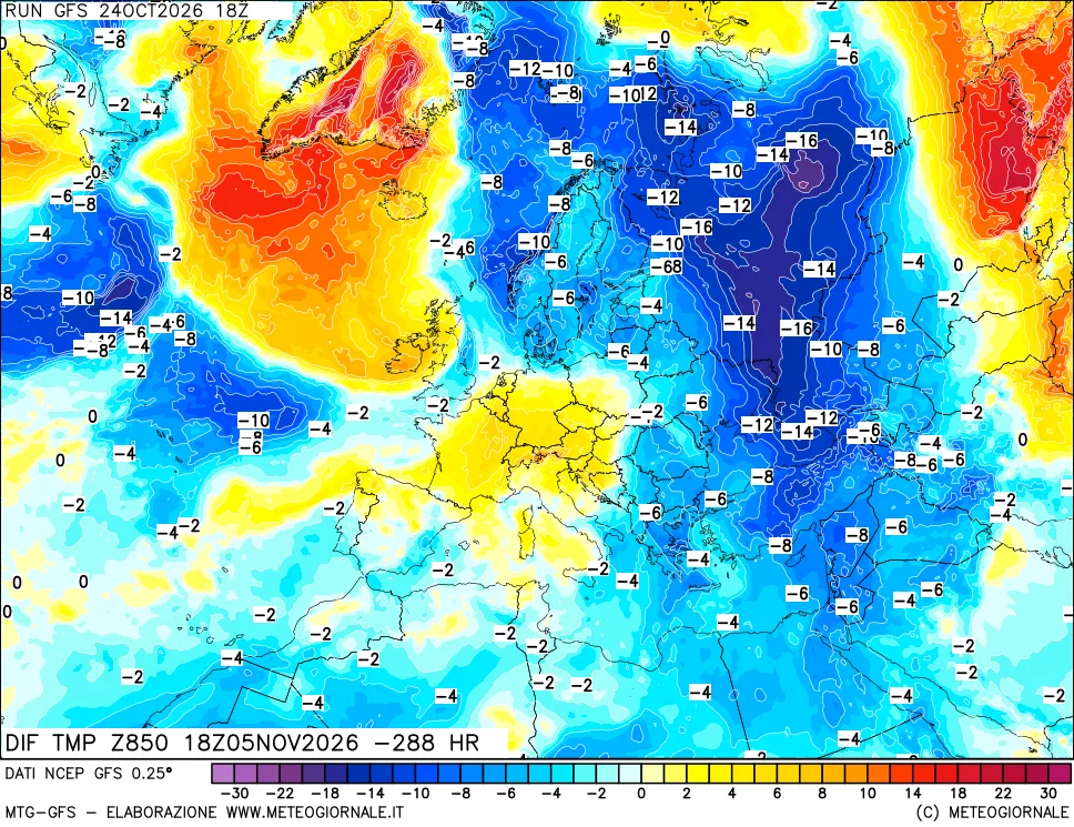 mappa Dif. Temp a 850 hPa Valid - Init