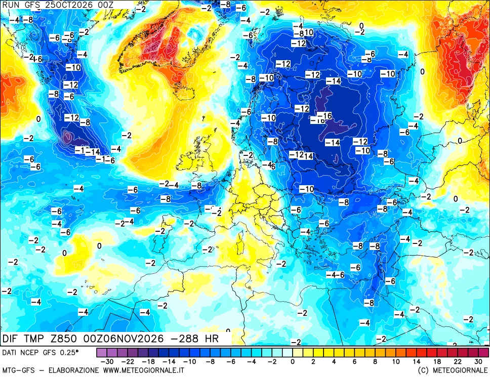 mappa Dif. Temp a 850 hPa Valid - Init