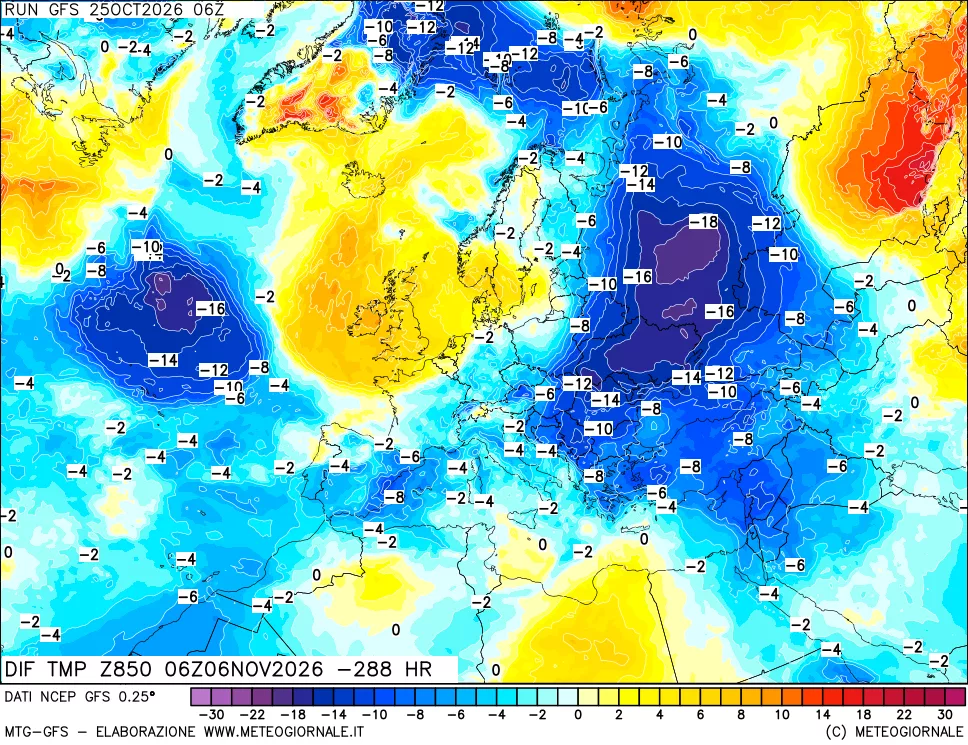 mappa Dif. Temp a 850 hPa Valid - Init