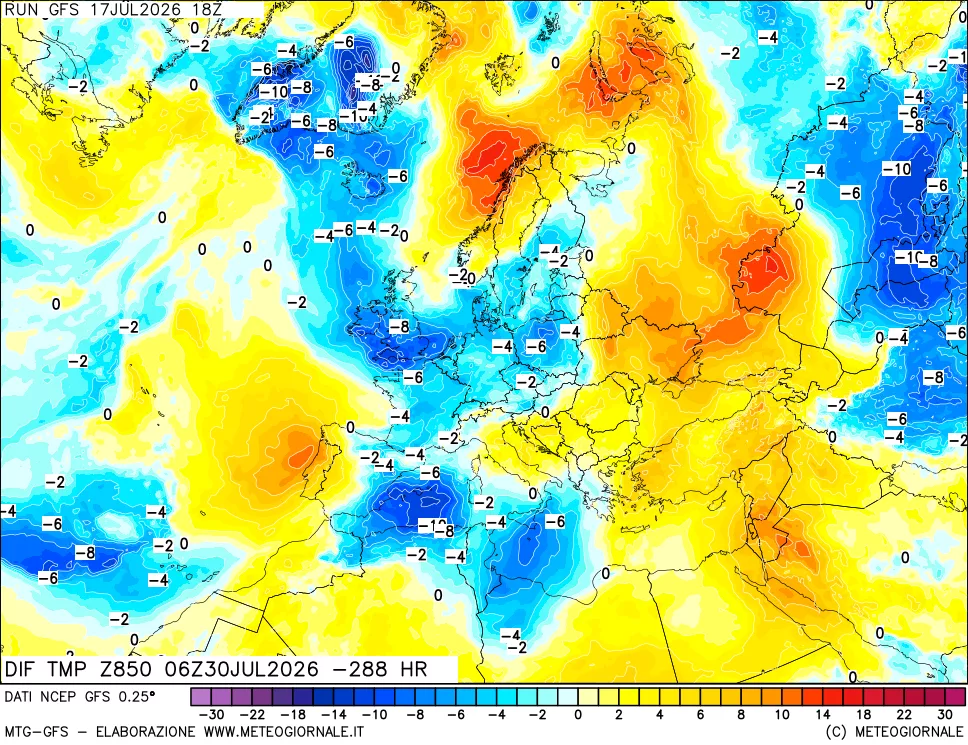 mappa Dif. Temp a 850 hPa Valid - Init