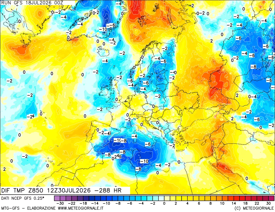 mappa Dif. Temp a 850 hPa Valid - Init