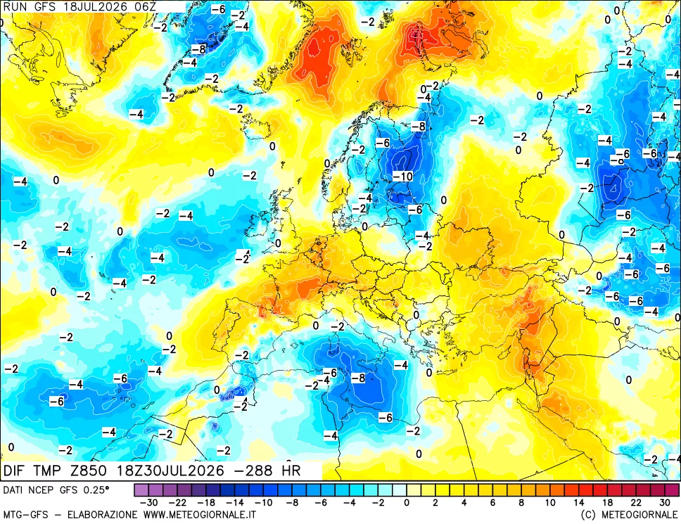 mappa Dif. Temp a 850 hPa Valid - Init