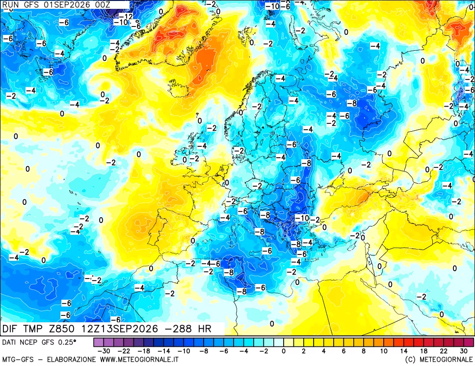 mappa Dif. Temp a 850 hPa Valid - Init