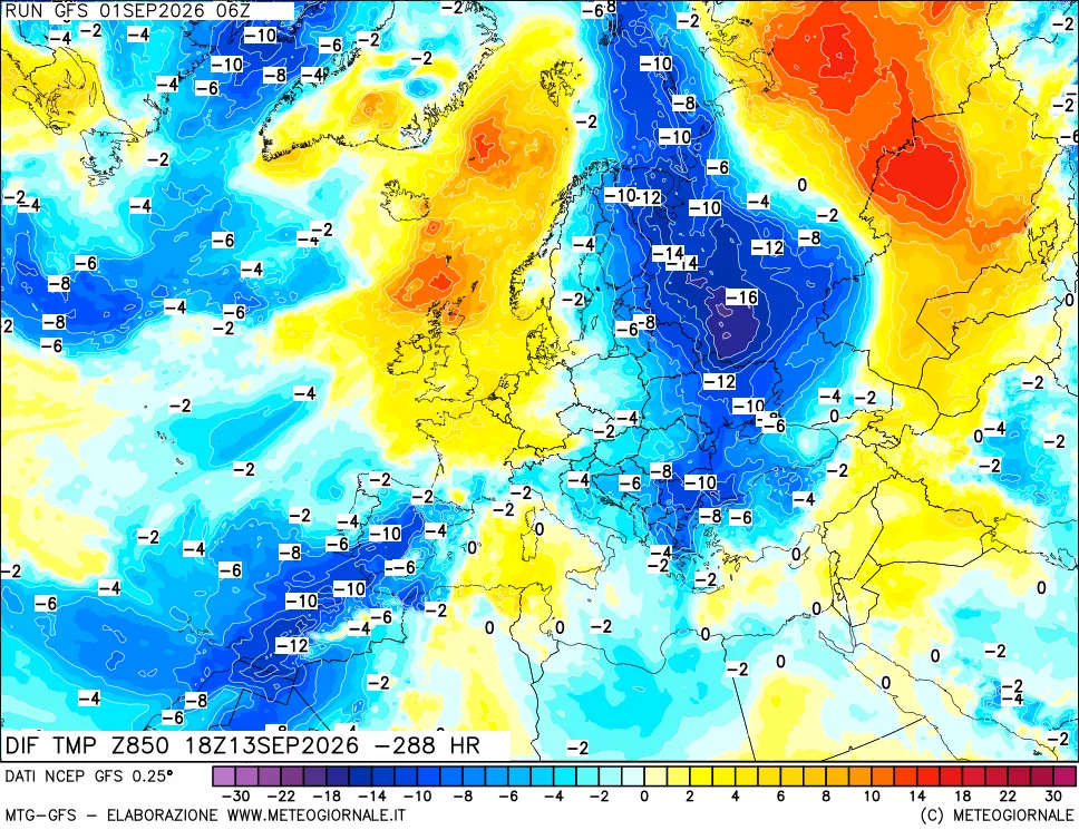 mappa Dif. Temp a 850 hPa Valid - Init
