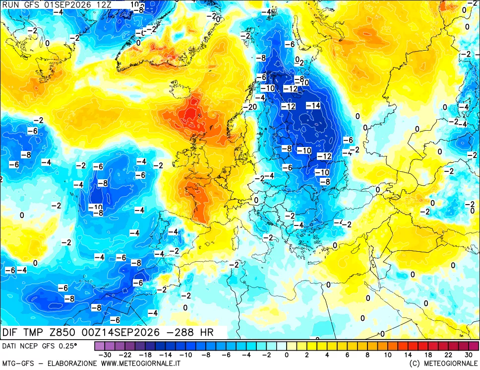 mappa Dif. Temp a 850 hPa Valid - Init