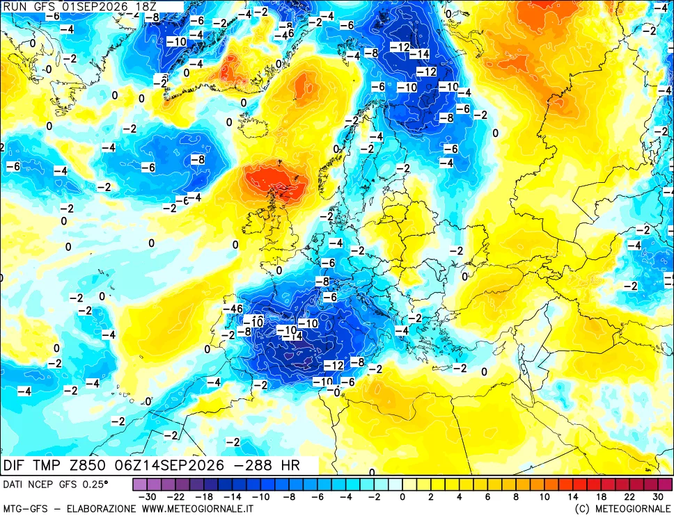 mappa Dif. Temp a 850 hPa Valid - Init