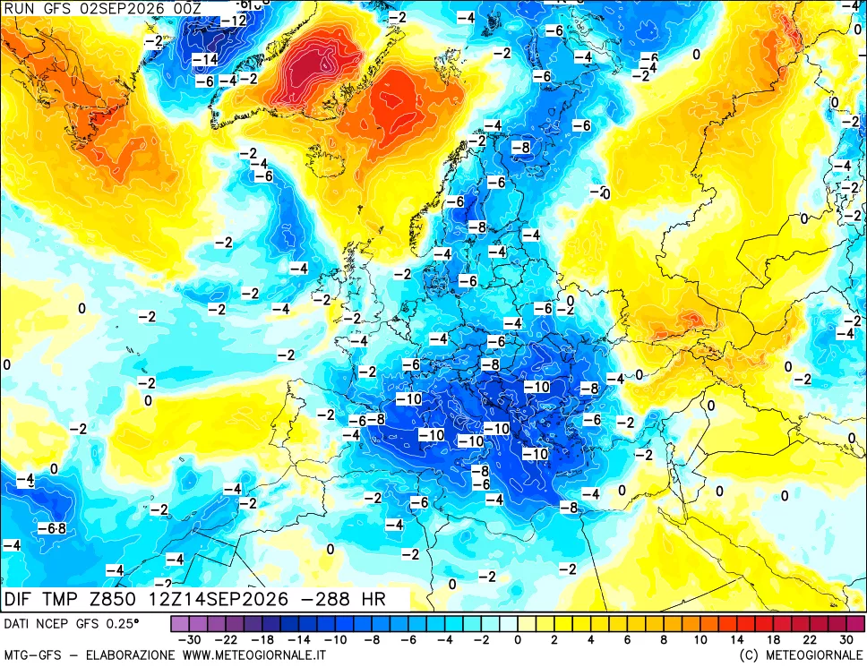 mappa Dif. Temp a 850 hPa Valid - Init