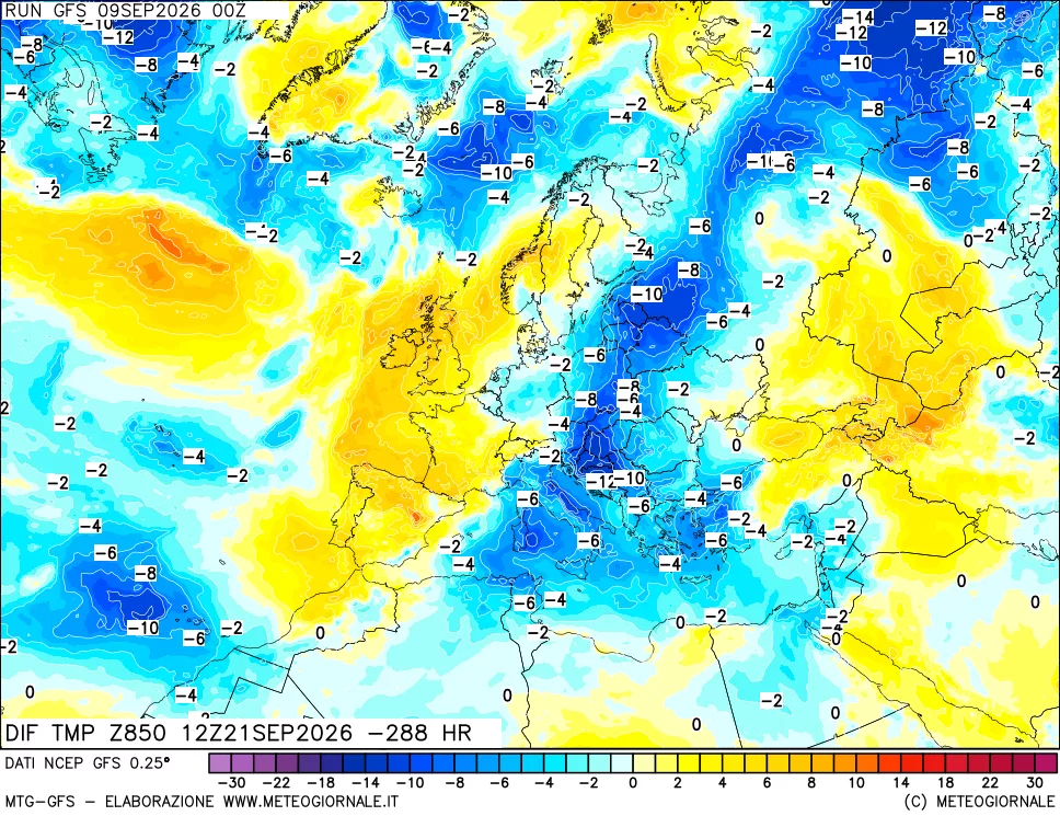 mappa Dif. Temp a 850 hPa Valid - Init