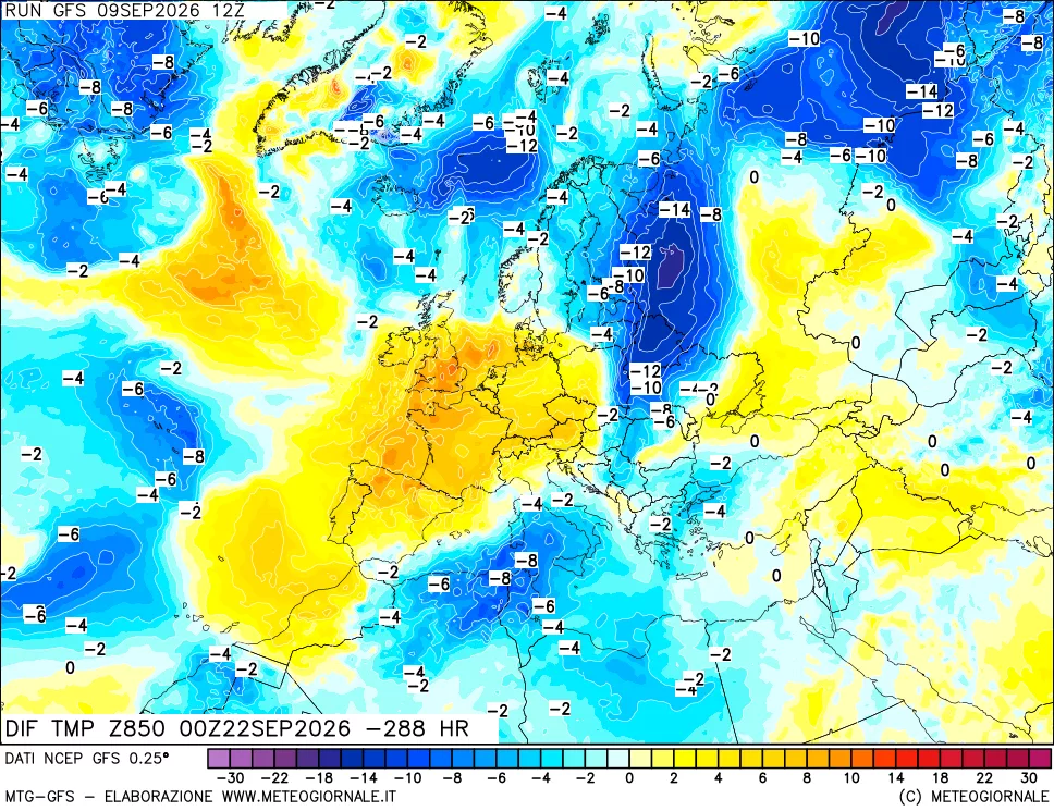 mappa Dif. Temp a 850 hPa Valid - Init