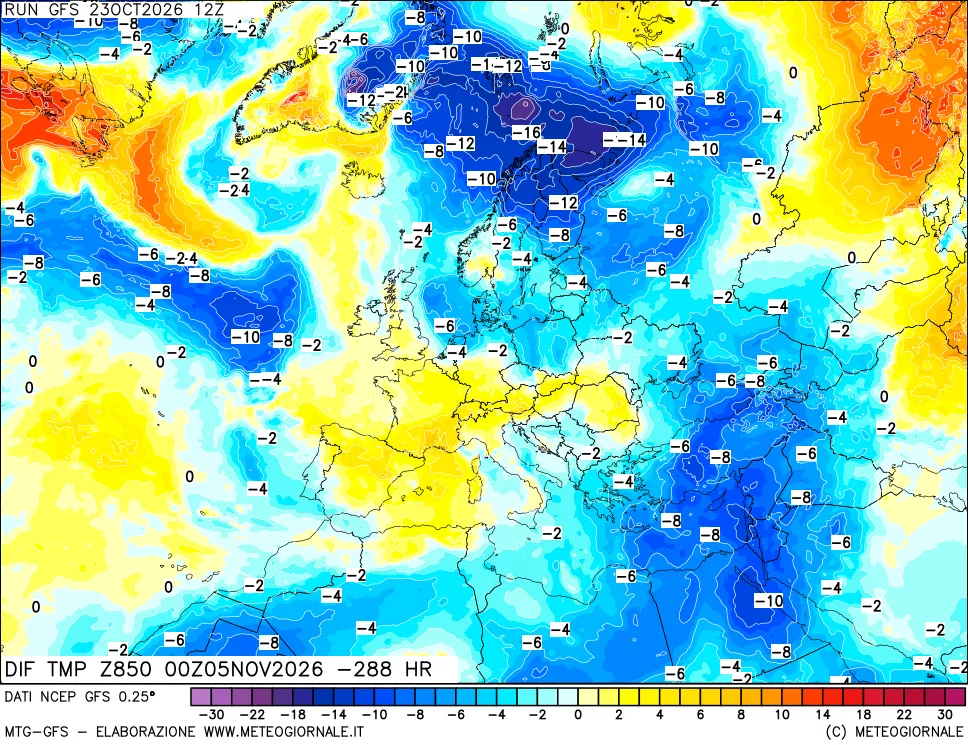mappa Dif. Temp a 850 hPa Valid - Init