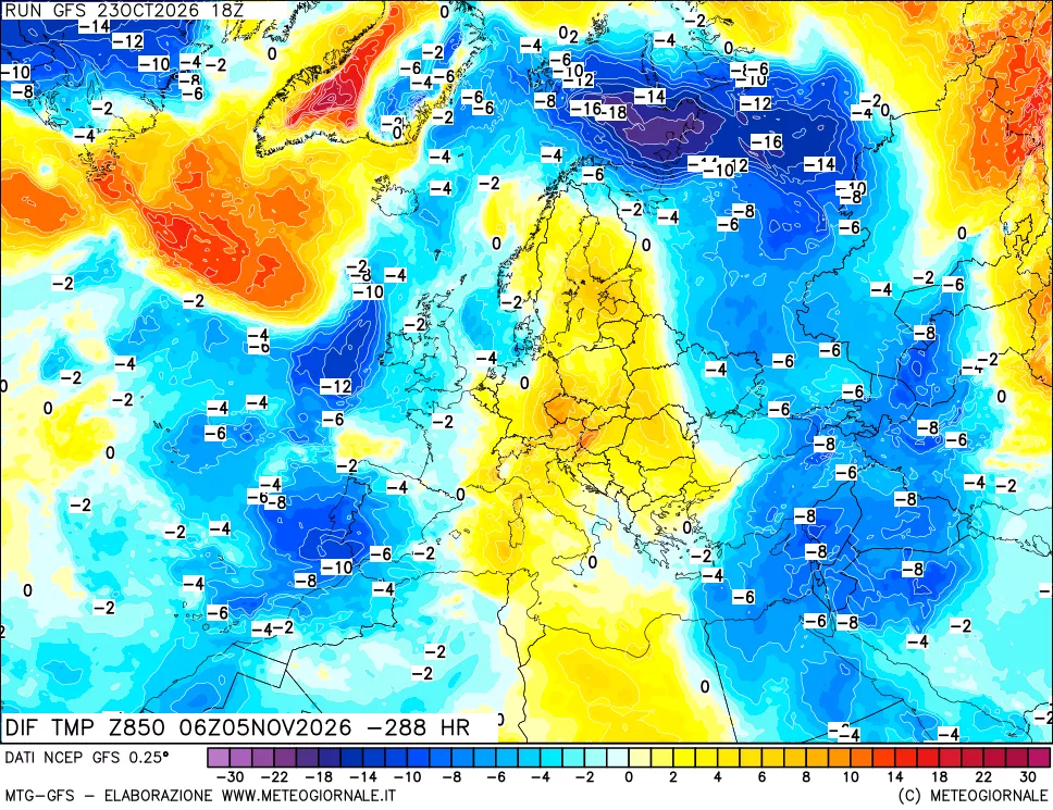 mappa Dif. Temp a 850 hPa Valid - Init