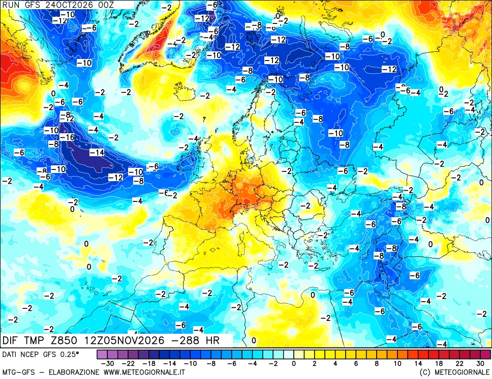 mappa Dif. Temp a 850 hPa Valid - Init