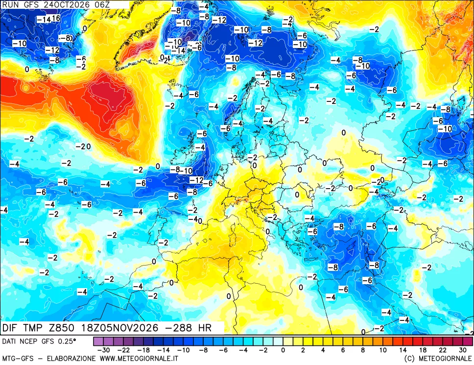 mappa Dif. Temp a 850 hPa Valid - Init