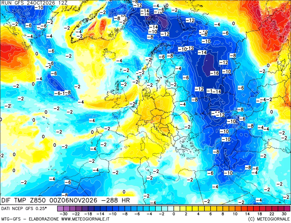 mappa Dif. Temp a 850 hPa Valid - Init
