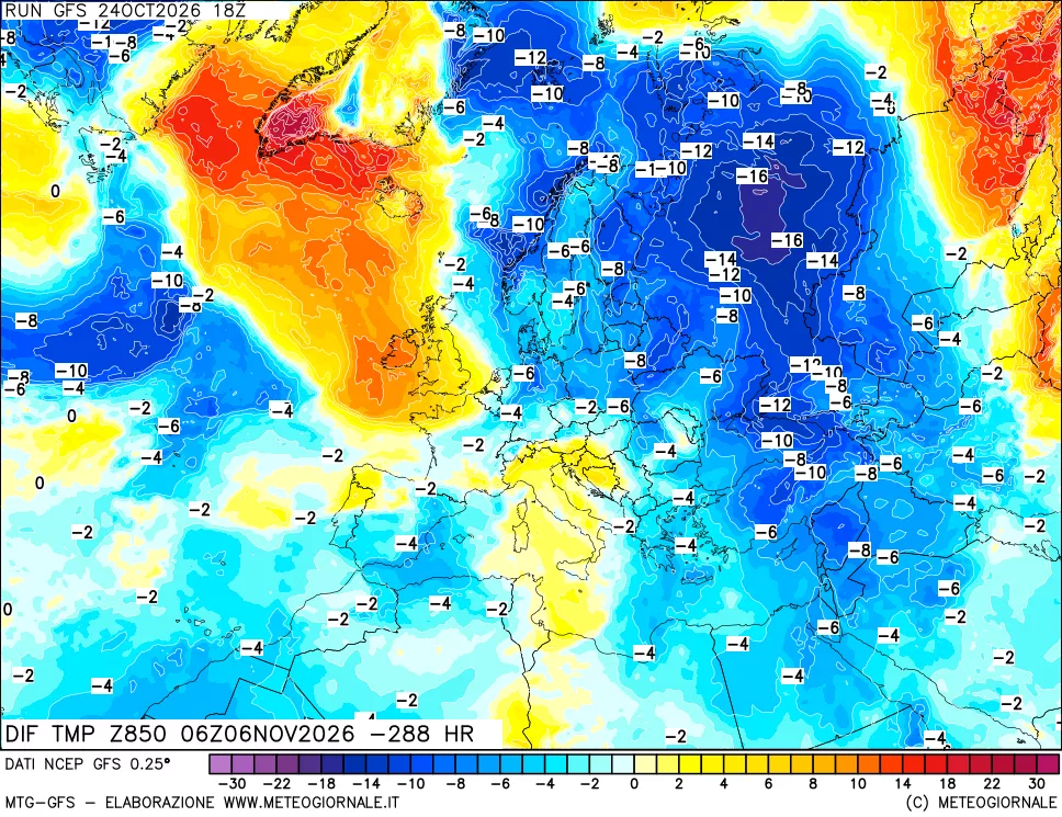 mappa Dif. Temp a 850 hPa Valid - Init
