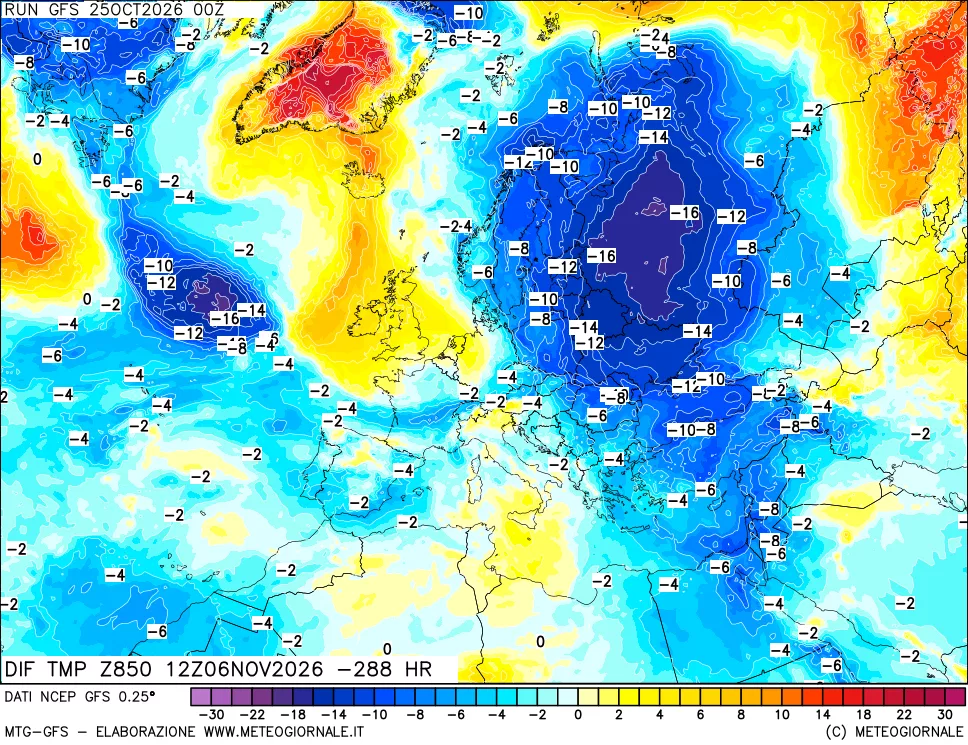 mappa Dif. Temp a 850 hPa Valid - Init