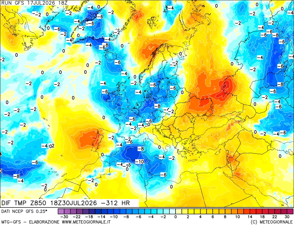 mappa Dif. Temp a 850 hPa Valid - Init