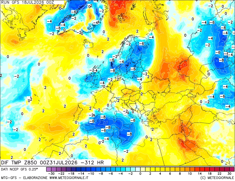 mappa Dif. Temp a 850 hPa Valid - Init