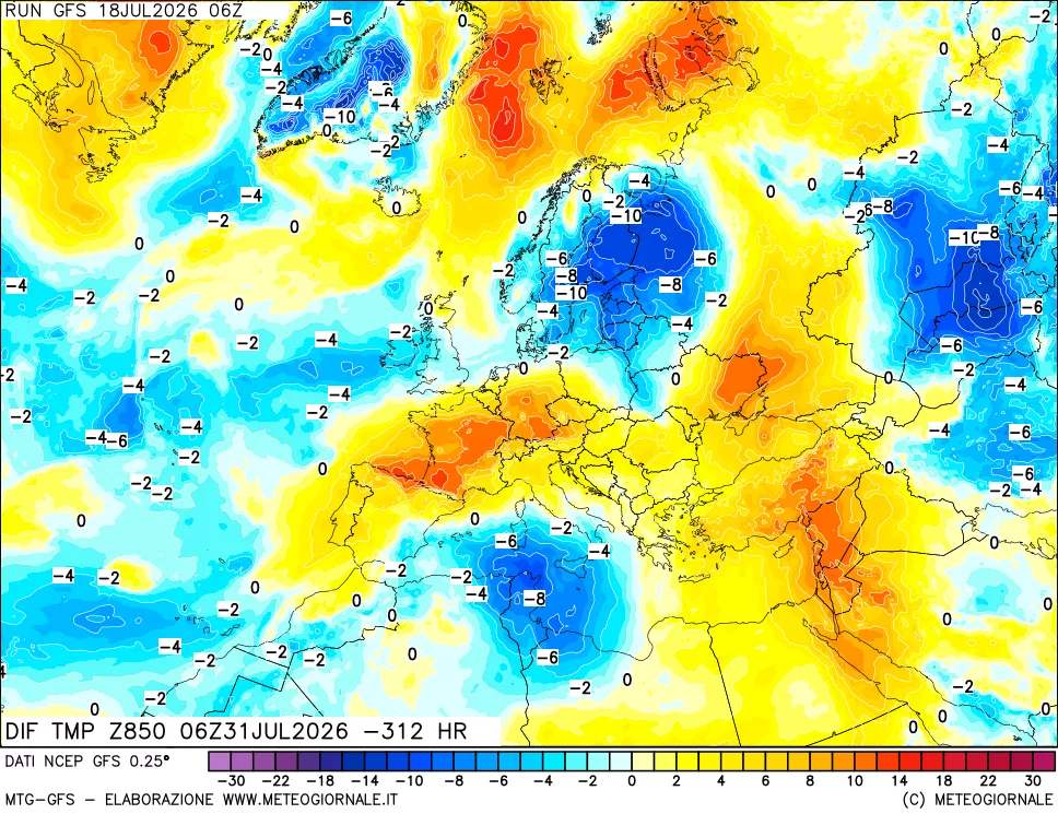 mappa Dif. Temp a 850 hPa Valid - Init