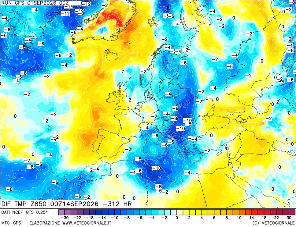mappa Dif. Temp a 850 hPa Valid - Init