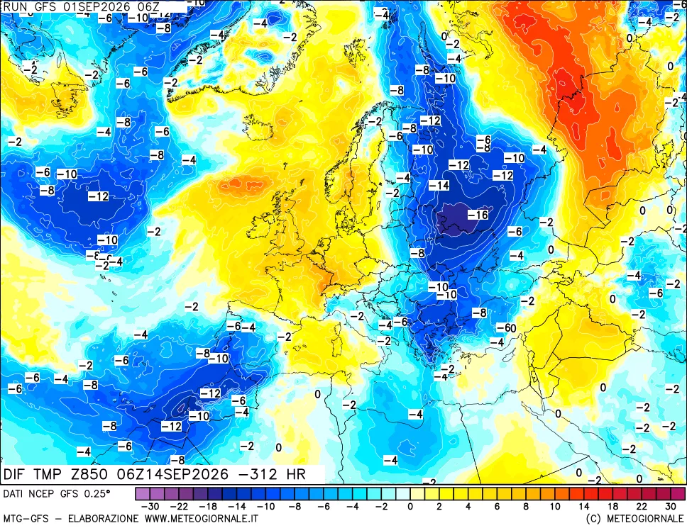 mappa Dif. Temp a 850 hPa Valid - Init