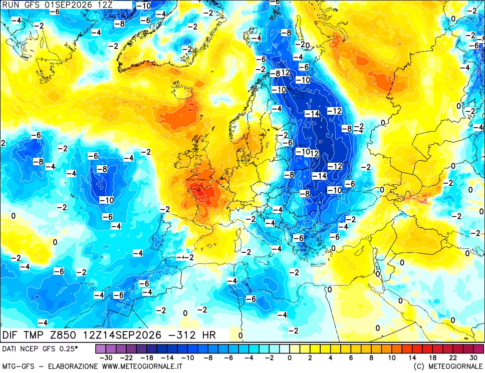 mappa Dif. Temp a 850 hPa Valid - Init