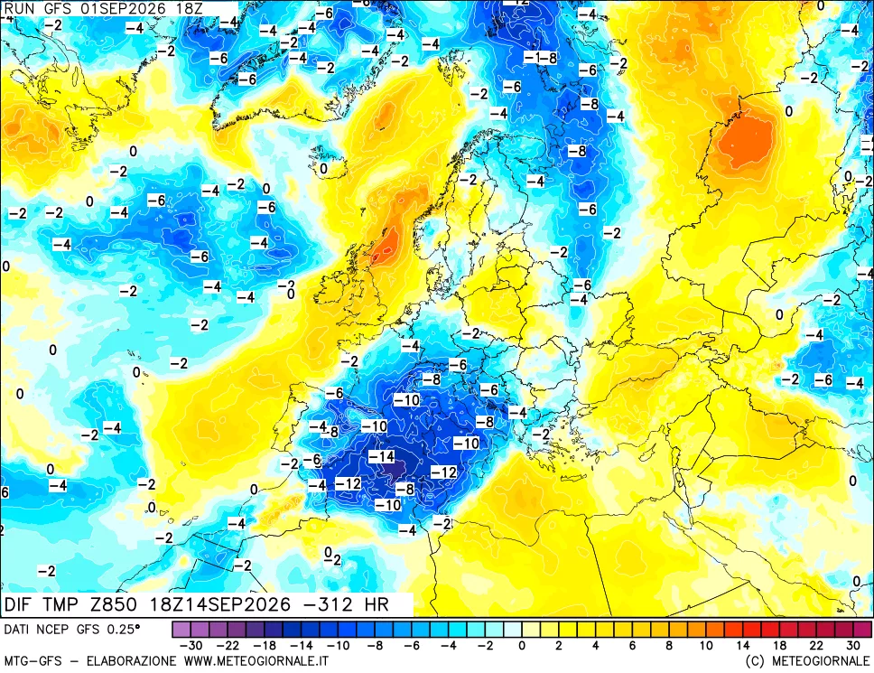 mappa Dif. Temp a 850 hPa Valid - Init