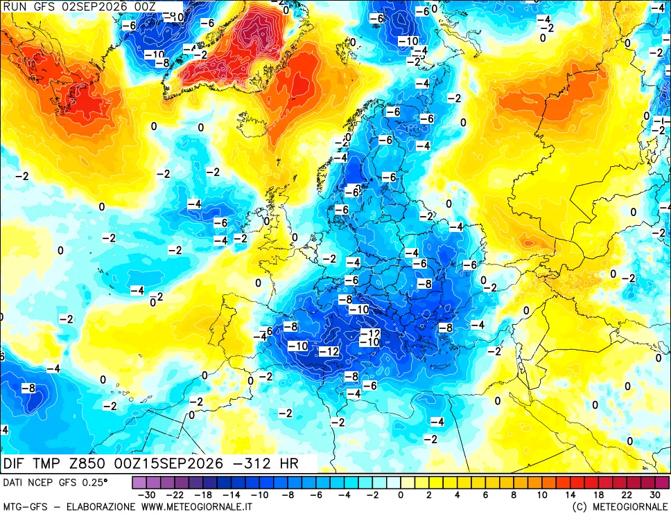 mappa Dif. Temp a 850 hPa Valid - Init