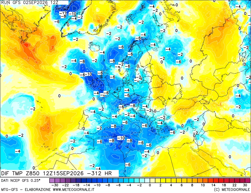 mappa Dif. Temp a 850 hPa Valid - Init