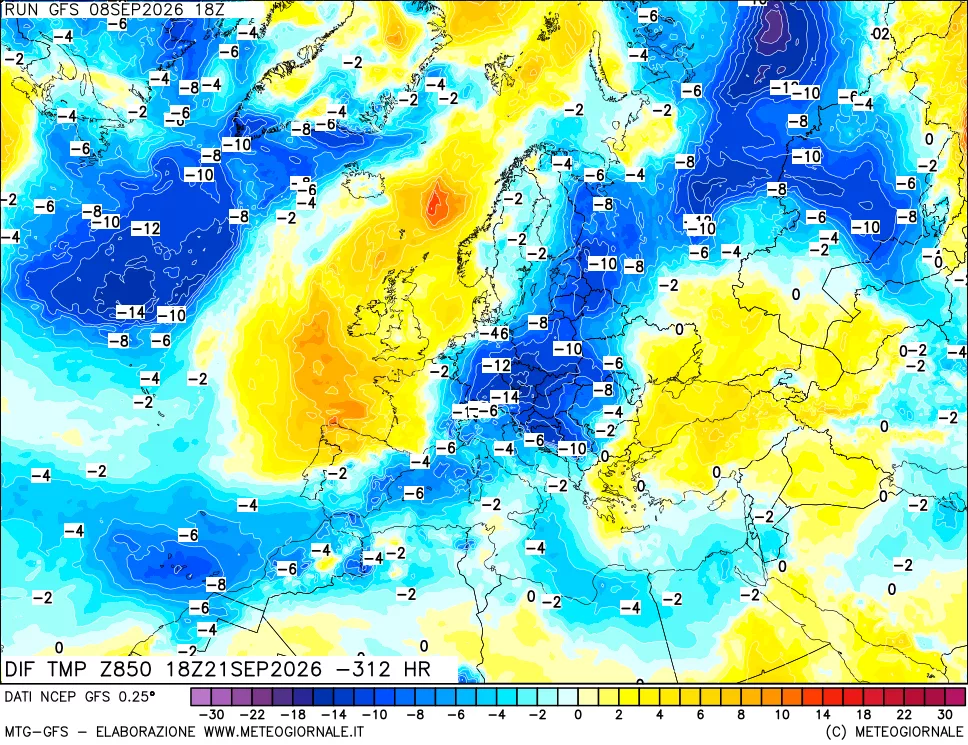 mappa Dif. Temp a 850 hPa Valid - Init