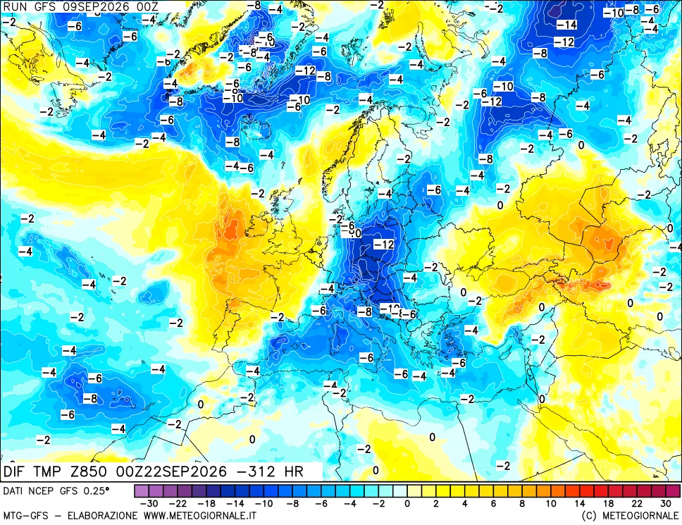 mappa Dif. Temp a 850 hPa Valid - Init