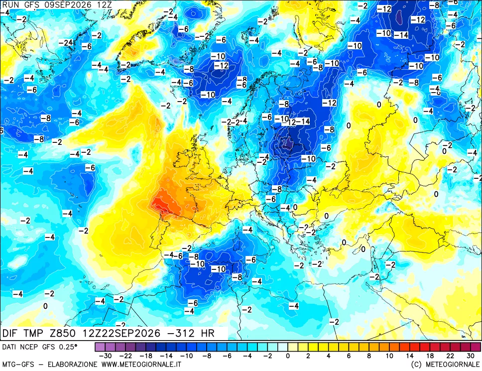mappa Dif. Temp a 850 hPa Valid - Init