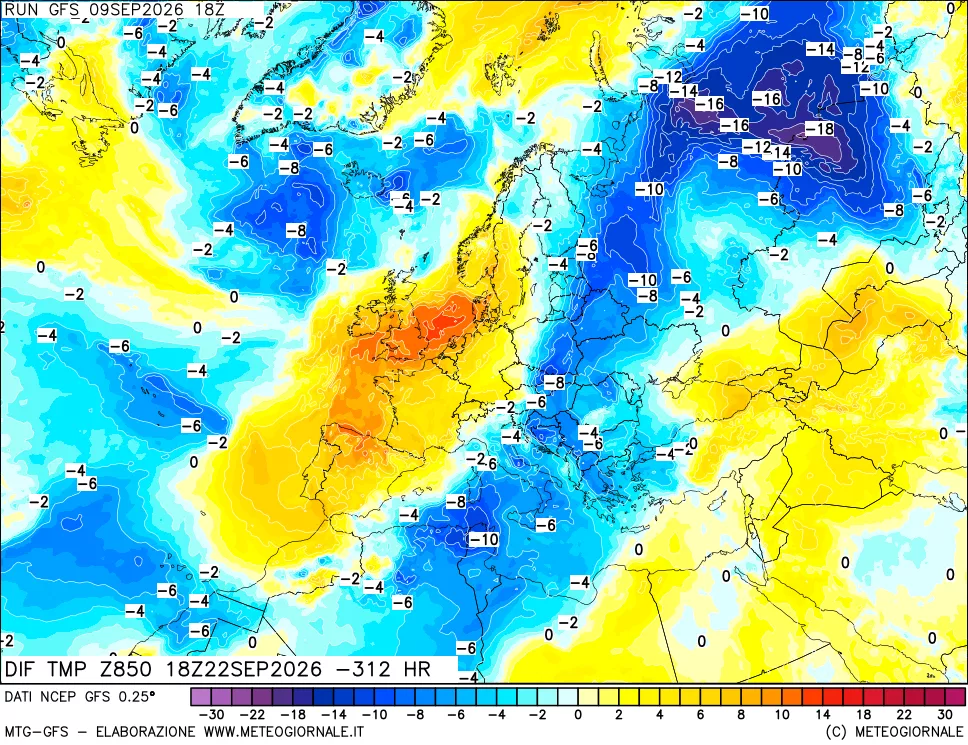 mappa Dif. Temp a 850 hPa Valid - Init