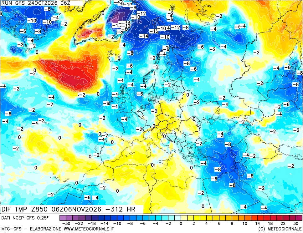 mappa Dif. Temp a 850 hPa Valid - Init