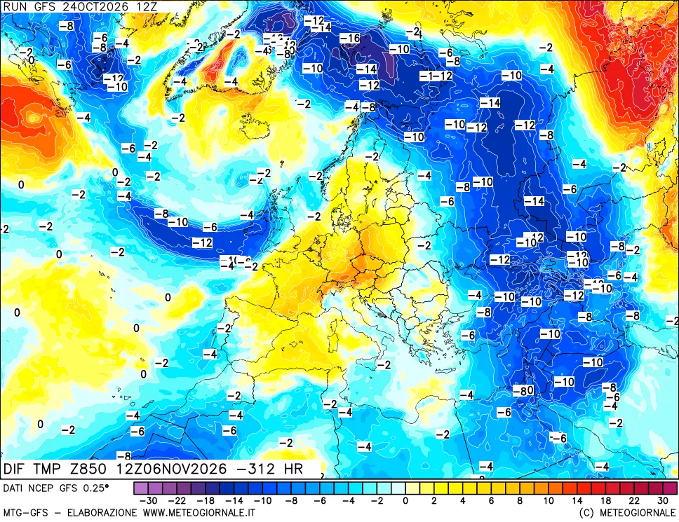 mappa Dif. Temp a 850 hPa Valid - Init